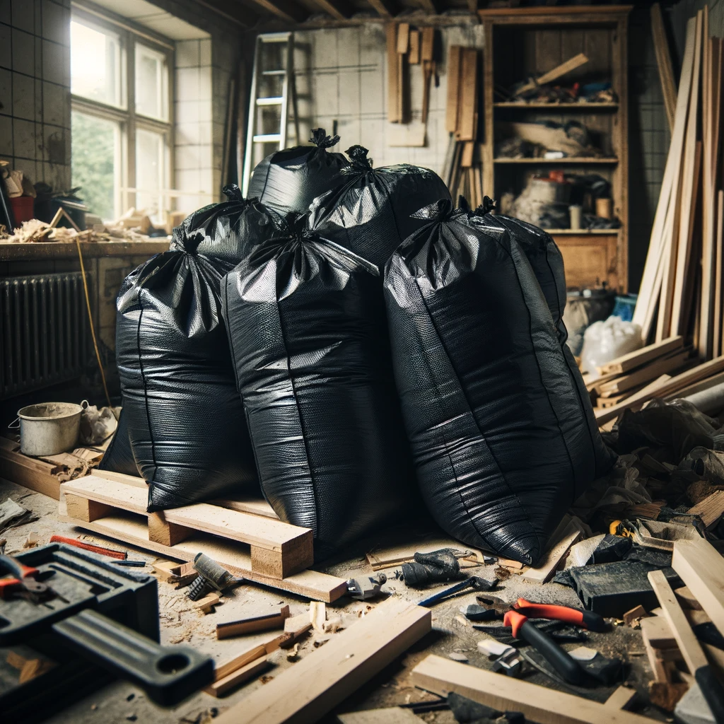 Heavy-duty black contractor bags filled with construction debris on a job site